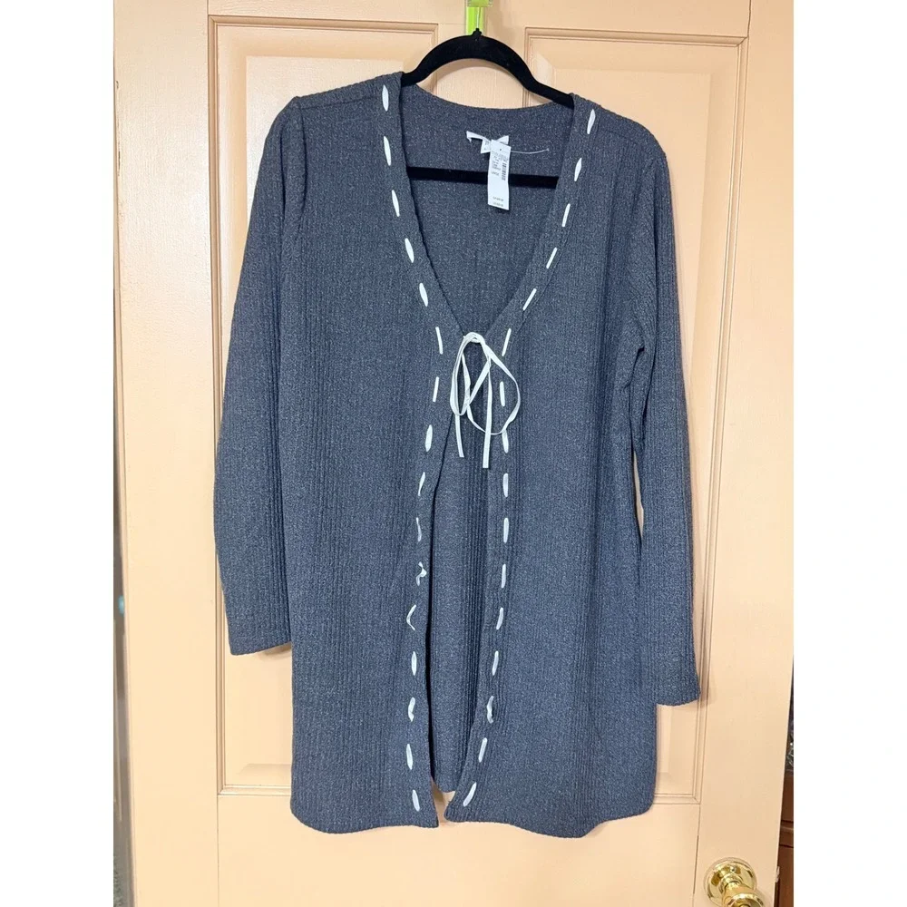 Maurices Womens Ribbed Knit Cardigan Gray Whipstitch Tie Front Sweater Large NWT